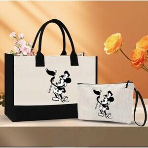 Disney Mickey Mouse Large Canvas Tote Beach Shopping Bag & Matching Pouch NEW